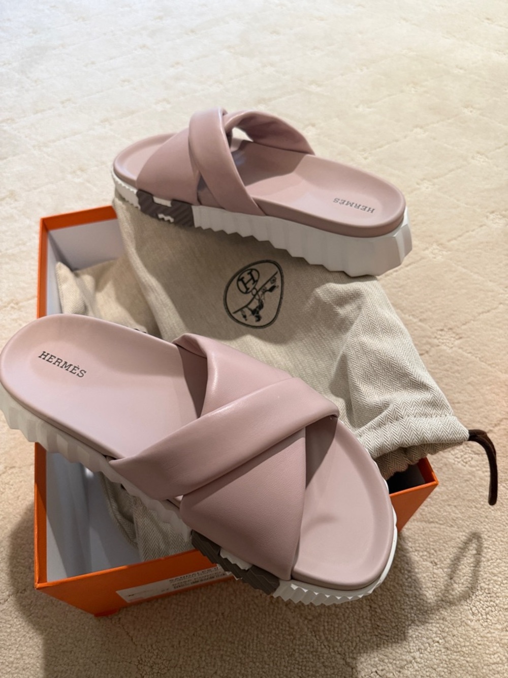 Hermes Slides Soft Pink Leather Cross-Strap iconic INFRA Slide - NWT STORE FRESH
